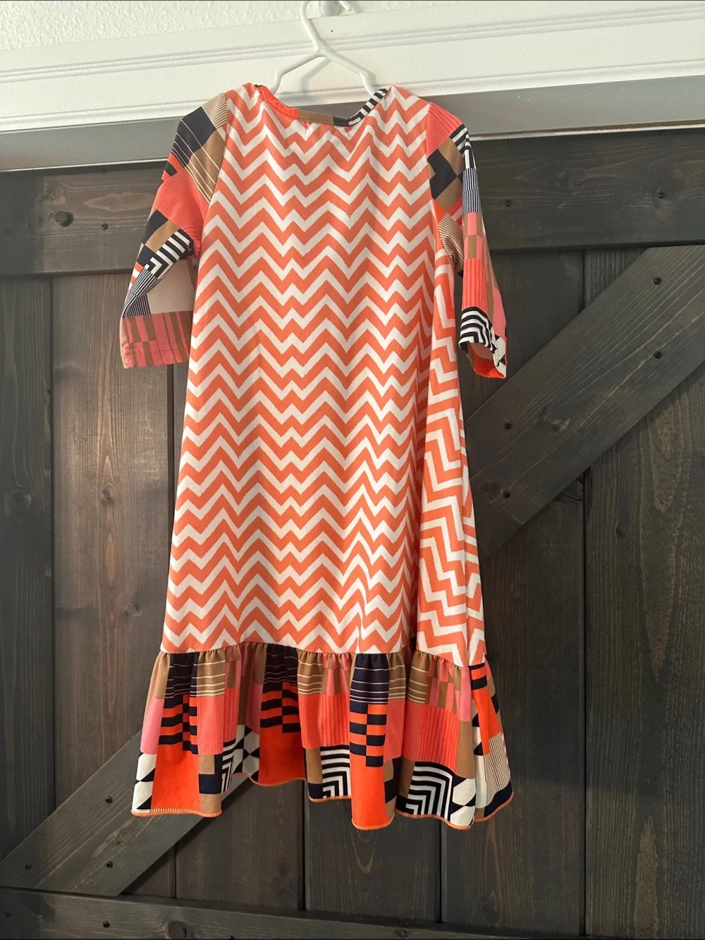 Girls' Orange Chevron Ruffle-Hem Casual Dress